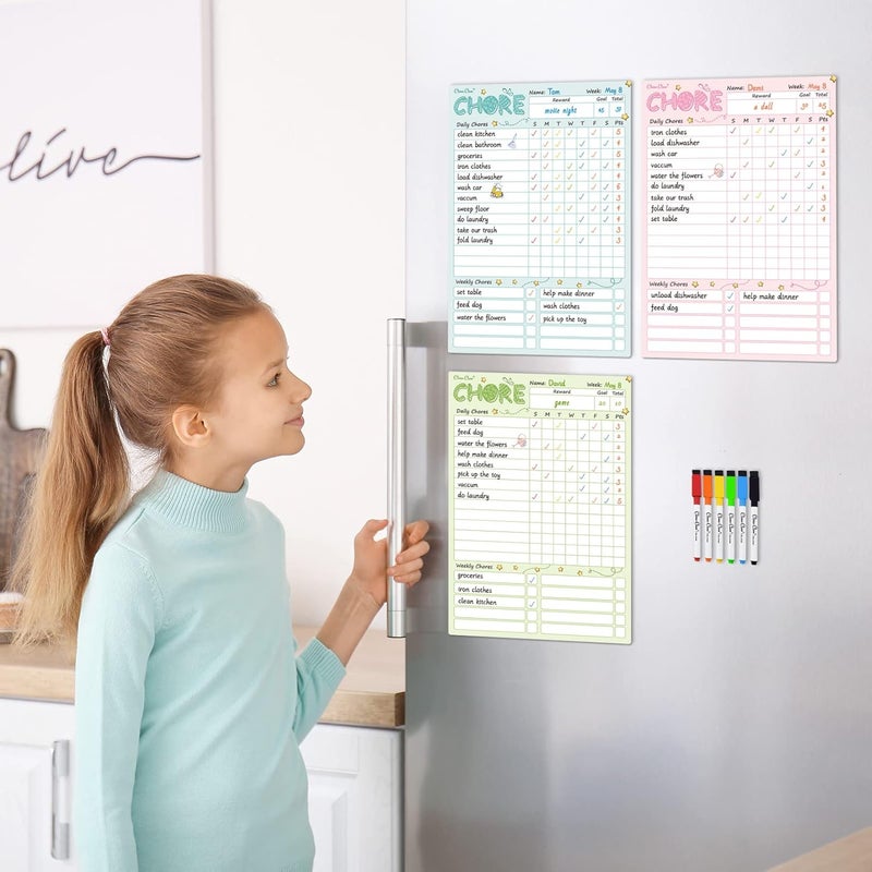 Clever Clean Magnetic Dry Erase Chore Chart - 8.5"x12" Behavior Responsibility Chore Board for Kids, Teenagers - 6 Extra Fine Point Markers Included - Shipped Flat 3 Pcs Blue Pink & Green - Image 5
